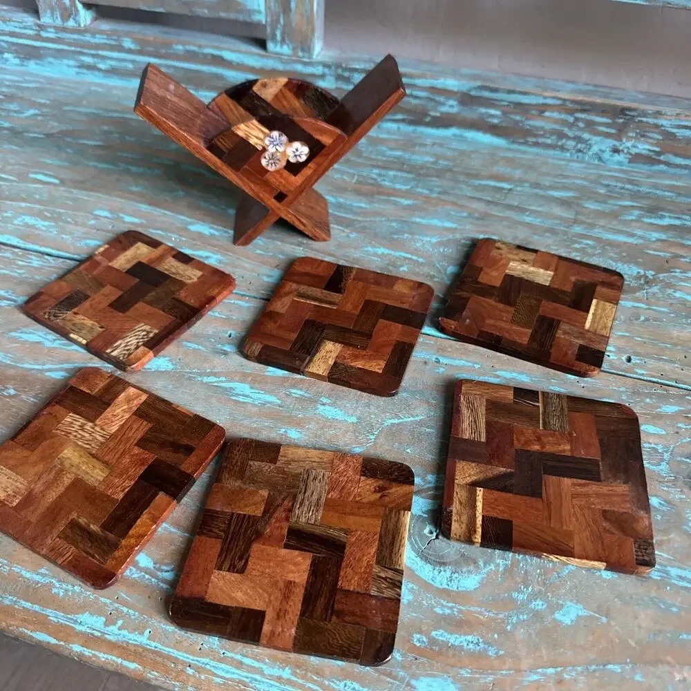 Vintage Lacquered Coasters Wooden Flowers Holder Square Boho Granny Set Cottage